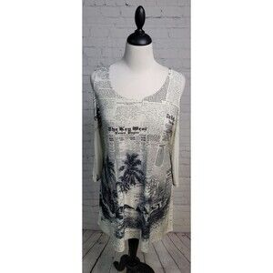 Sue Who? Originals Key West Newspaper Tunic Sz M Cold Shoulder Art to Wear USA